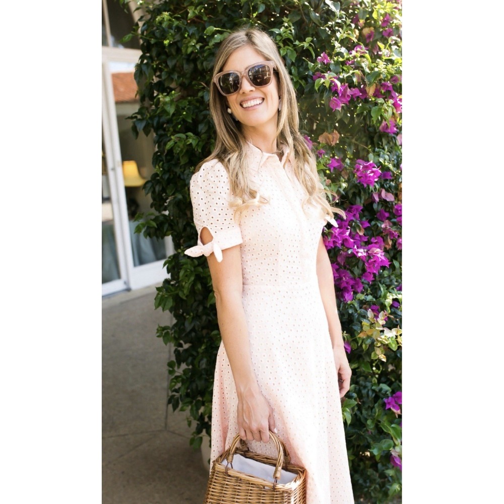 Women's Eyelet Tie-Sleeve Midi Dress in Light Pink